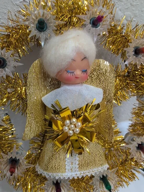 Vintage Light Up Angel Wreath Gold Tinsel Flashing Lights Retro Christmas 7” - Picture 10 of 12